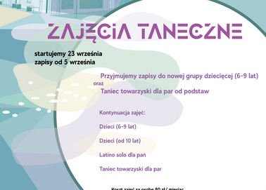 Plakat zapraszający na zajęcia taneczne dla dzieci, młodzieży, pań i par.