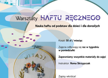 Plakat z zaproszeniem na warsztaty haftu ręcznego.
