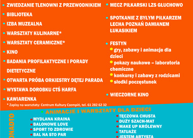 Plakat z planem atrakcji podczas Dni Funduszy Europejskich w czempińskiej Tlenowni i w Głuchowie.